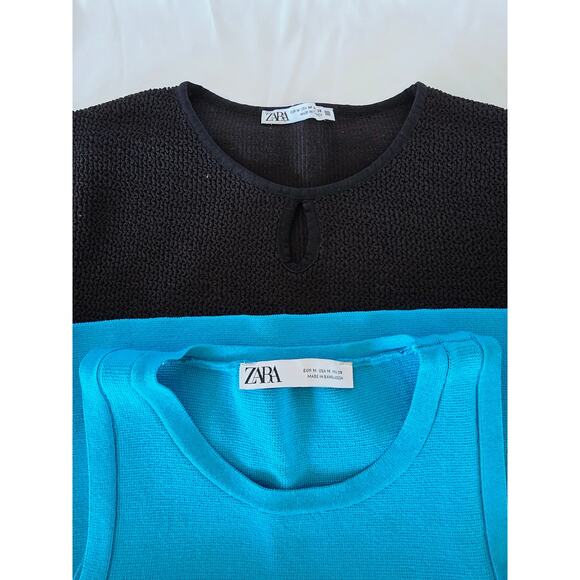 Zara Cropped Basics Bundle | Black Short Sleeve + Blue Sleeveless Top M - Picture 2 of 7